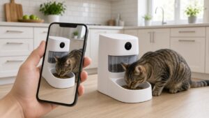 Katze frisst aus einem Futterautomaten mit Kamera, im Vordergrund ein Smartphone mit Live-Bild