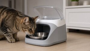 Katze frisst aus einem Futterautomaten mit Mikrochip-Erkennung, dessen Deckel geöffnet ist