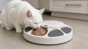Katze frisst Nassfutter aus einem runden Futterautomaten mit mehreren Fächern