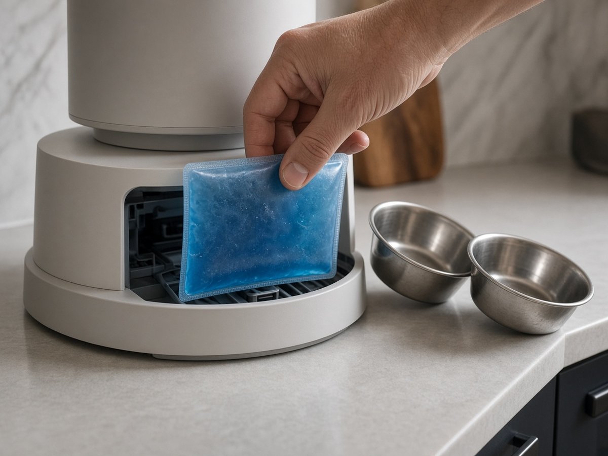 Kühlakku wird in einen Nassfutter-Futterautomaten eingesetzt