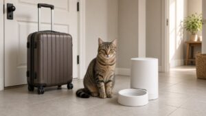 Katze sitzt neben einem Futterautomaten im Flur, daneben ein gepackter Koffer