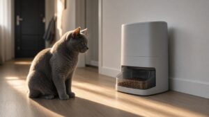Graue Katze wartet im Morgenlicht vor einem Futterautomaten