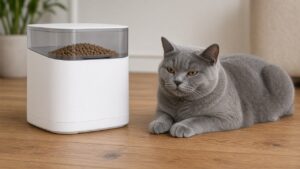 Graue Kurzhaarkatze liegt entspannt neben einem weißen Futterautomaten auf Holzboden