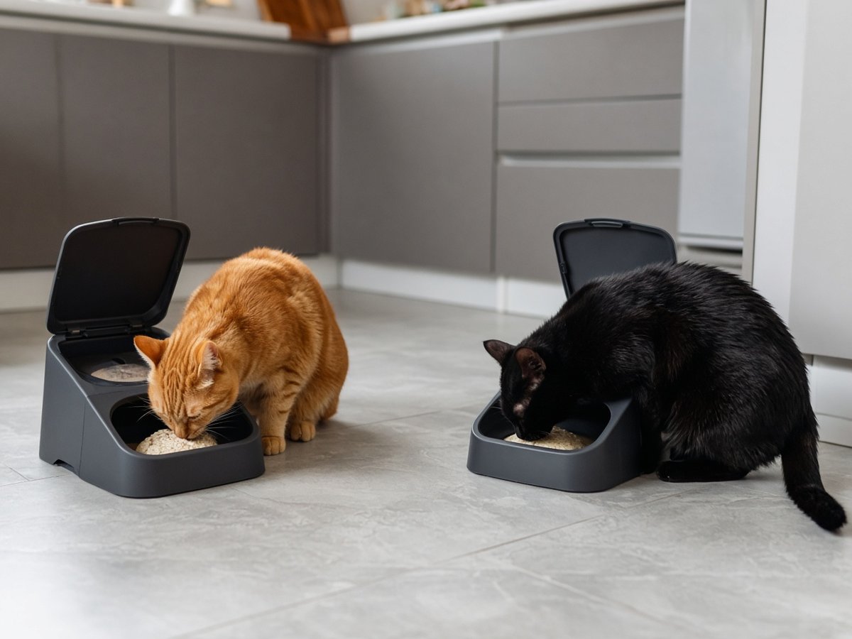 Zwei Katzen vor zwei Futterautomaten mit Chip, jede an ihrem eigenen Napf