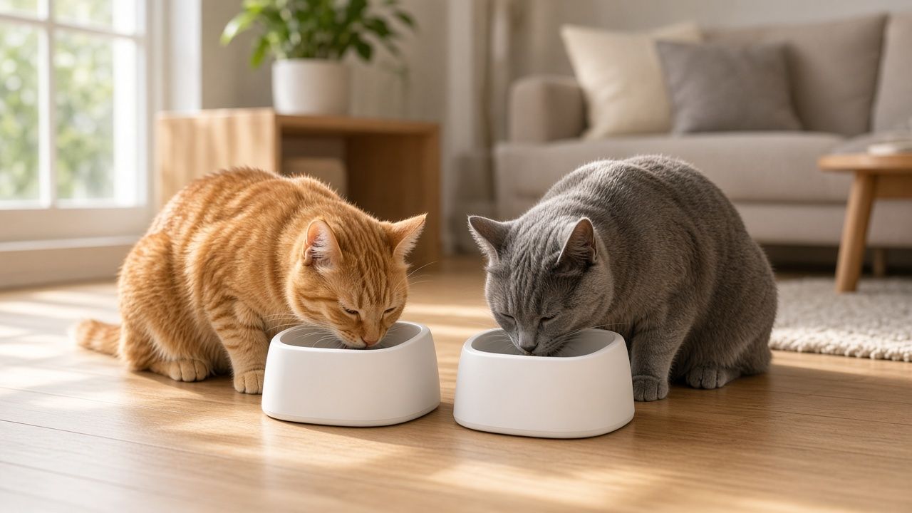 Zwei Katzen fressen nebeneinander aus je einem Futterautomaten im Wohnzimmer